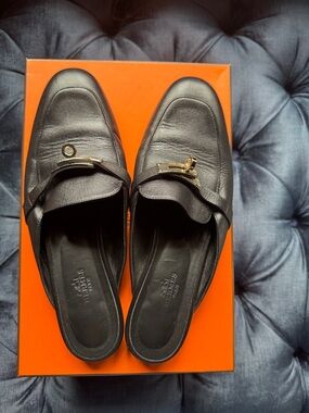 Black Leather Bit Loafer Mules